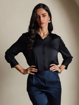 [Sort] SilkSilky-DK 3/4 Sleeve Lapel Collar Dameskjorte 005