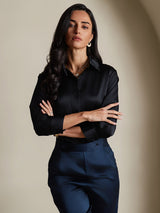 [Sort] SilkSilky-DK 3/4 Sleeve Lapel Collar Dameskjorte 006