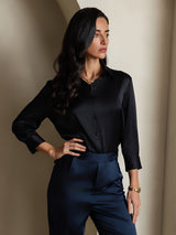 [Sort] SilkSilky-DK 3/4 Sleeve Lapel Collar Dameskjorte 007