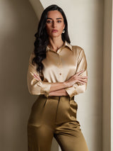 [Champagne] SilkSilky-DK 3/4 Sleeve Lapel Collar Dameskjorte 001