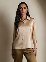 [Champagne] SilkSilky-DK 3/4 Sleeve Lapel Collar Dameskjorte 003