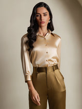 [Champagne] SilkSilky-DK 3/4 Sleeve Lapel Collar Dameskjorte 004