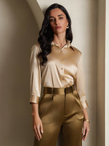 [Champagne] SilkSilky-DK 3/4 Sleeve Lapel Collar Dameskjorte 005