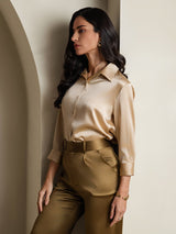 [Champagne] SilkSilky-DK 3/4 Sleeve Lapel Collar Dameskjorte 006
