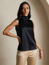 [Sort] SilkSilky-DK 19Momme Ærmeløs Bindekrage Bluse 006