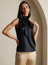 [Sort] SilkSilky-DK 19Momme Ærmeløs Bindekrage Bluse 007