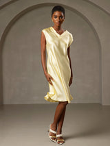 [Gul] SilkSilky-DK Cap Sleeve V Neck Kjole 001
