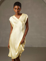 [Gul] SilkSilky-DK Cap Sleeve V Neck Kjole 003