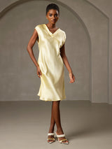 [Gul] SilkSilky-DK Cap Sleeve V Neck Kjole 005