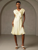 [Gul] SilkSilky-DK Cap Sleeve V Neck Kjole 006