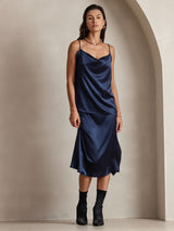 [Mørkeblå] SilkSilky-DK 19Momme Spaghetti Rem Drapert halsutringning Camisole Top 007
