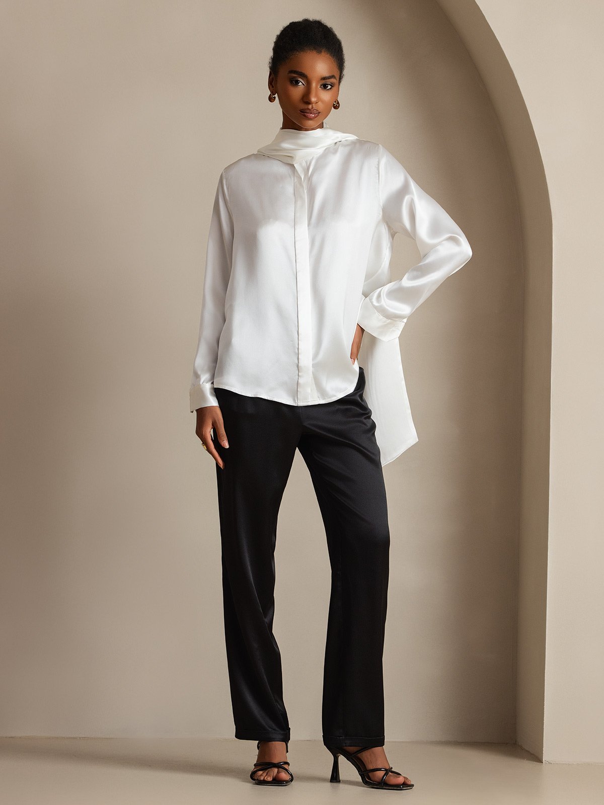 [Hvid] SilkSilky-DK 19Momme Silke Womens Shirt 006