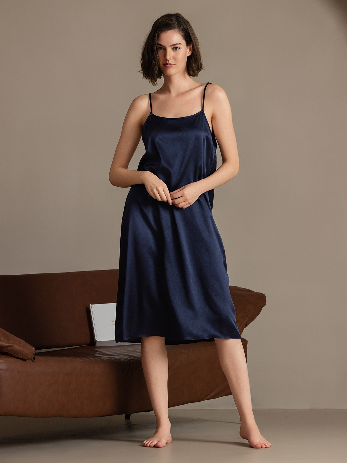 [Mørkeblå] SilkSilky-DK 19Momme Silke Sleeveless Dress 006