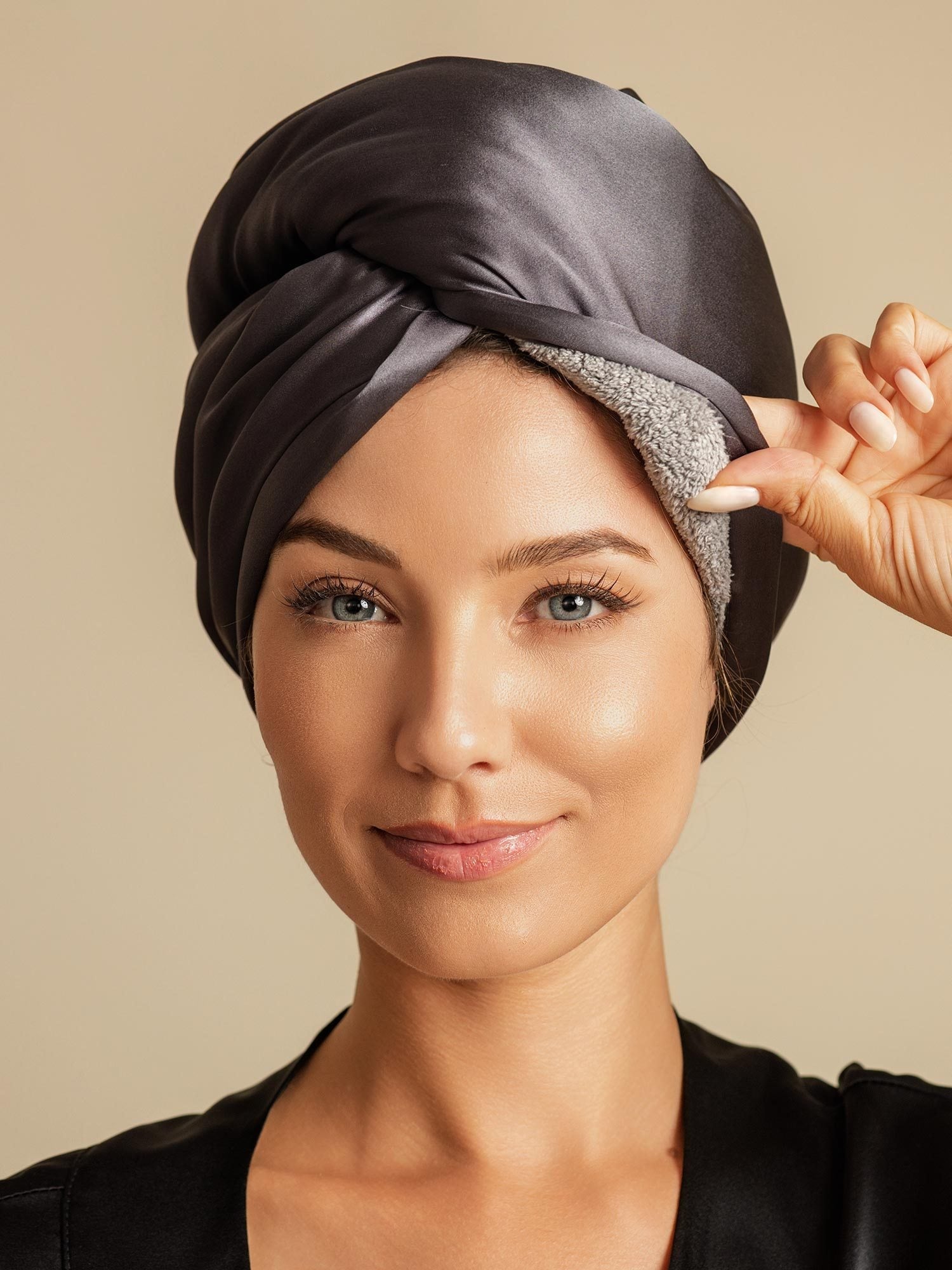 [Mørkegrå] SilkSilky-DK Silke Hair Towel Wrap 005,