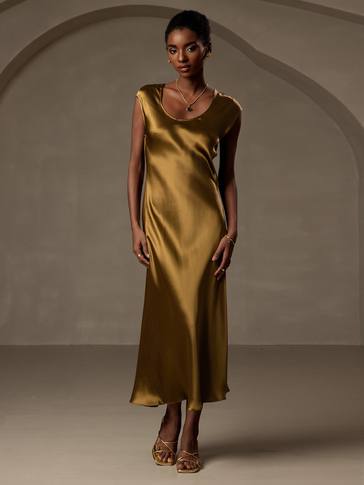[Brun] SilkSilky-DK Cap Sleeve Kjole 001