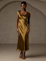 [Brun] SilkSilky-DK Kappeærmer Scoop Neck Kjole 001