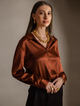 [Karamel] SilkSilky-DK Long Sleeve Lapel Collar Dameskjorte 003