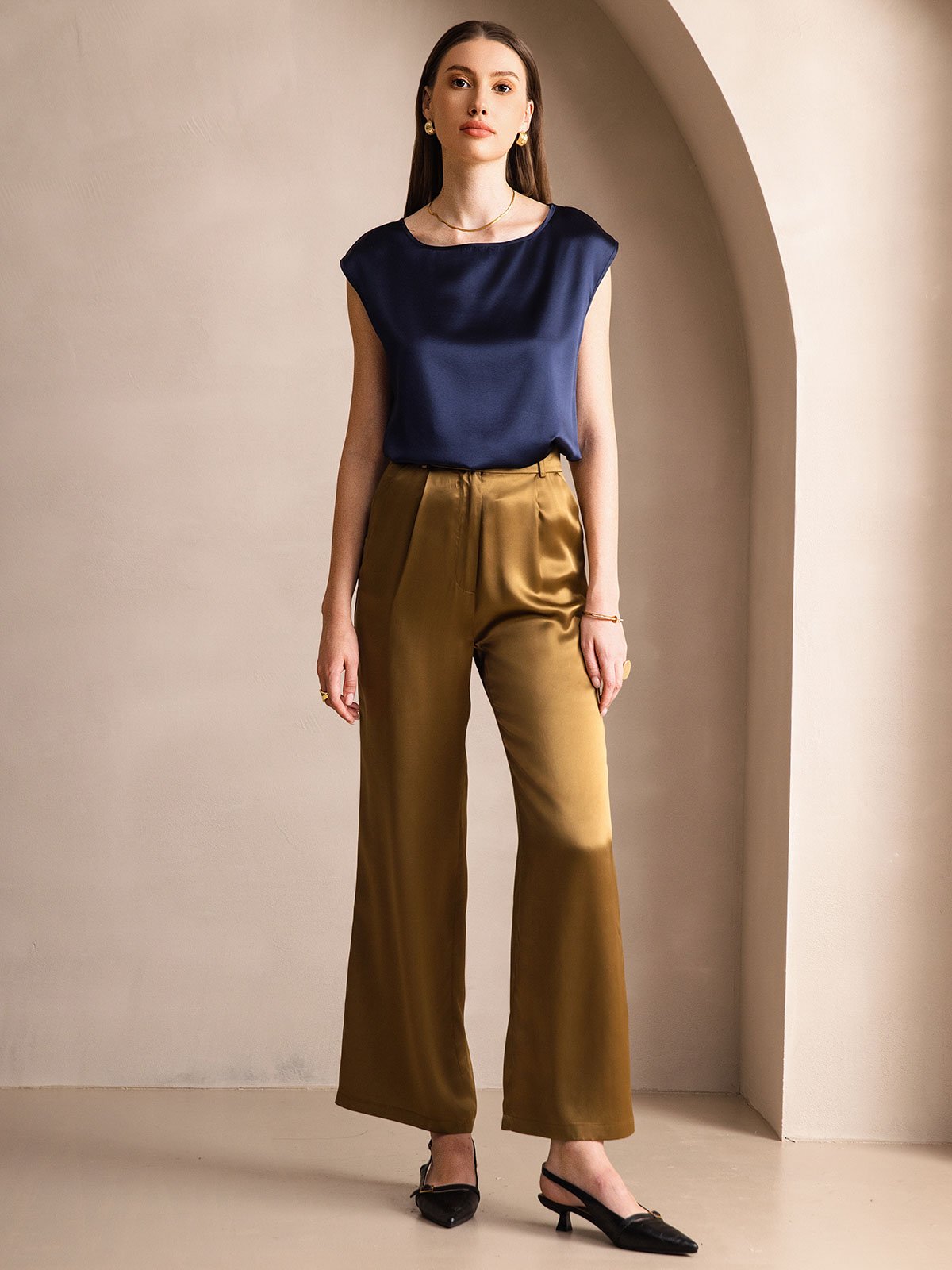 [Mørkeblå] SilkSilky-DK 19Momme Silke Womens T-Shirt 004