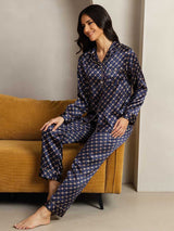 [Marine Kæde] SilkSilky-DK Long Sleeve Lapel Collar Dame Pyjamas 004