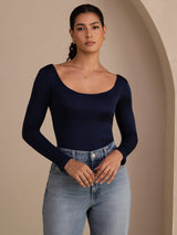 [Mørkeblå] SilkSilky-DK Long Sleeve U hals T-shirt til kvinder 003