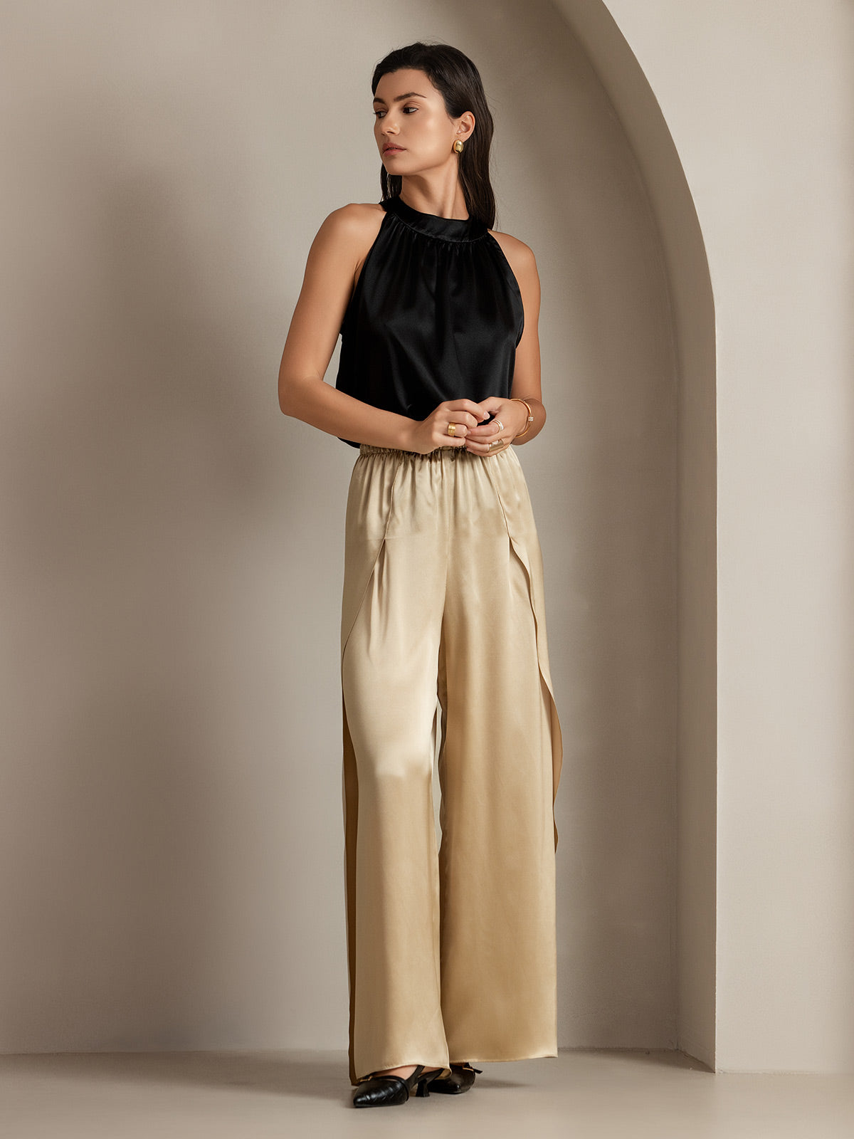 [Champagne] SilkSilky-DK 19Momme Silke Split Damebukser 012