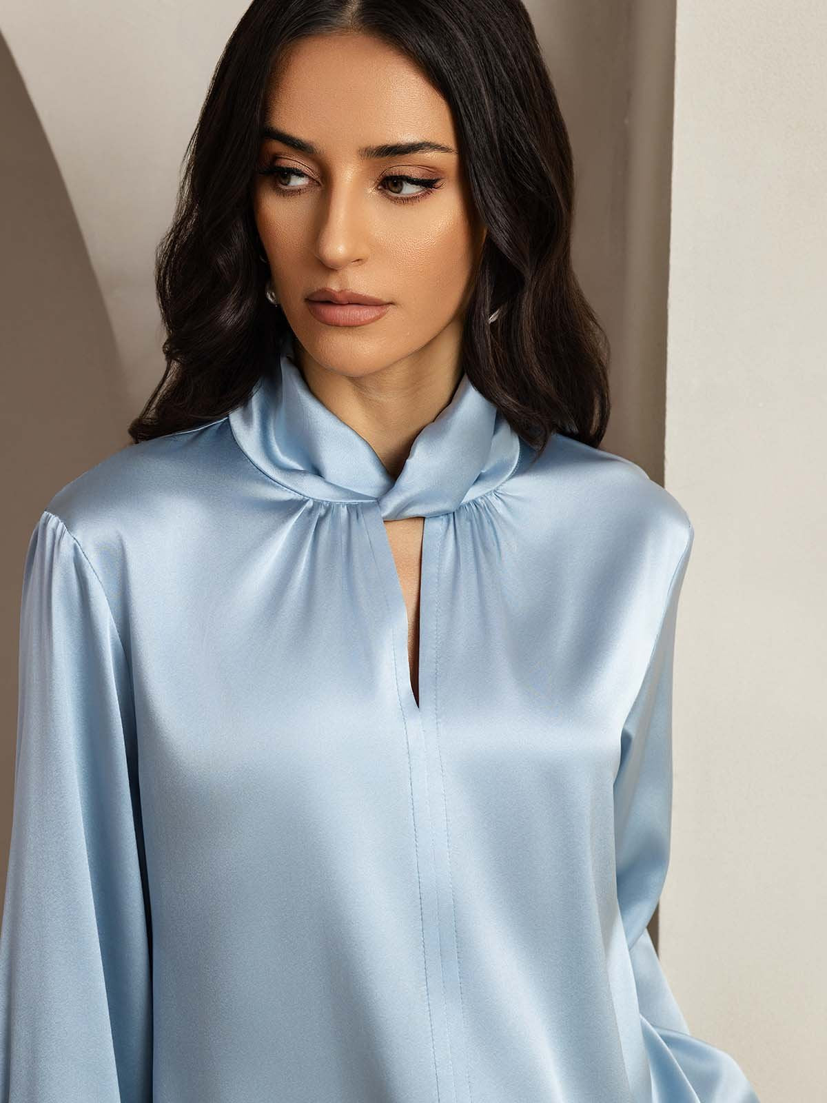 [Gråblå] SilkSilky-DK 19Momme Silke Womens Shirt 003