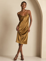 [Brun] SilkSilky-DK Sleeveless U hals Kjole 004