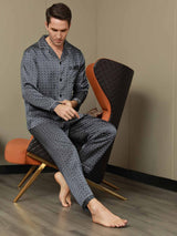[Marine Ginkgo] SilkSilky-DK Long Sleeve Lapel Collar Pyjamas til Mænd 007