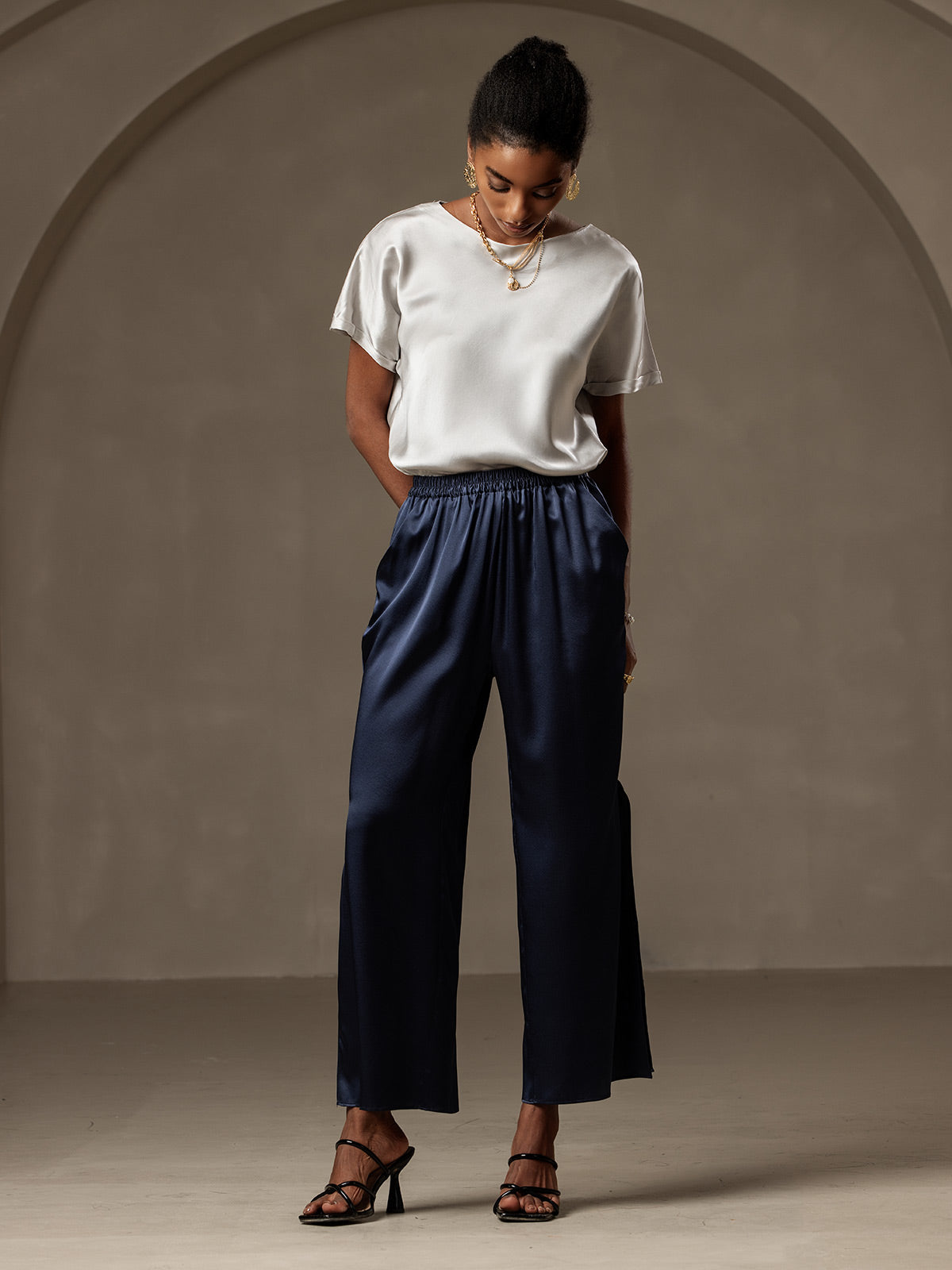 [Mørkeblå] SilkSilky-DK 19Momme Silke Womens Pants 005