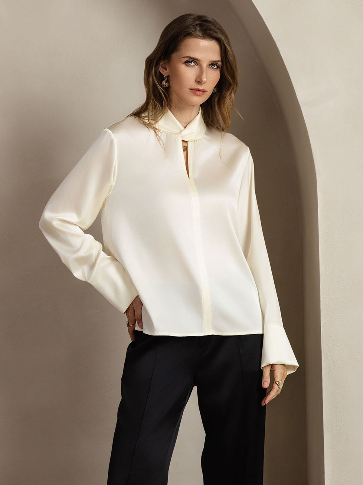 [Elfenben] SilkSilky-DK 19Momme Silke Womens Shirt 008