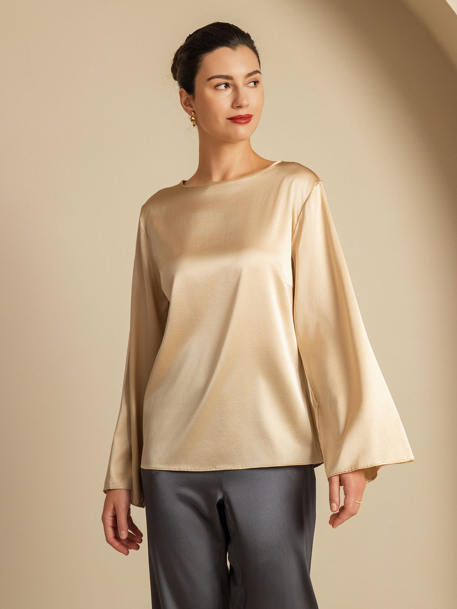 [Champagne] SilkSilky-DK 19Momme Silke Womens T-Shirt 004