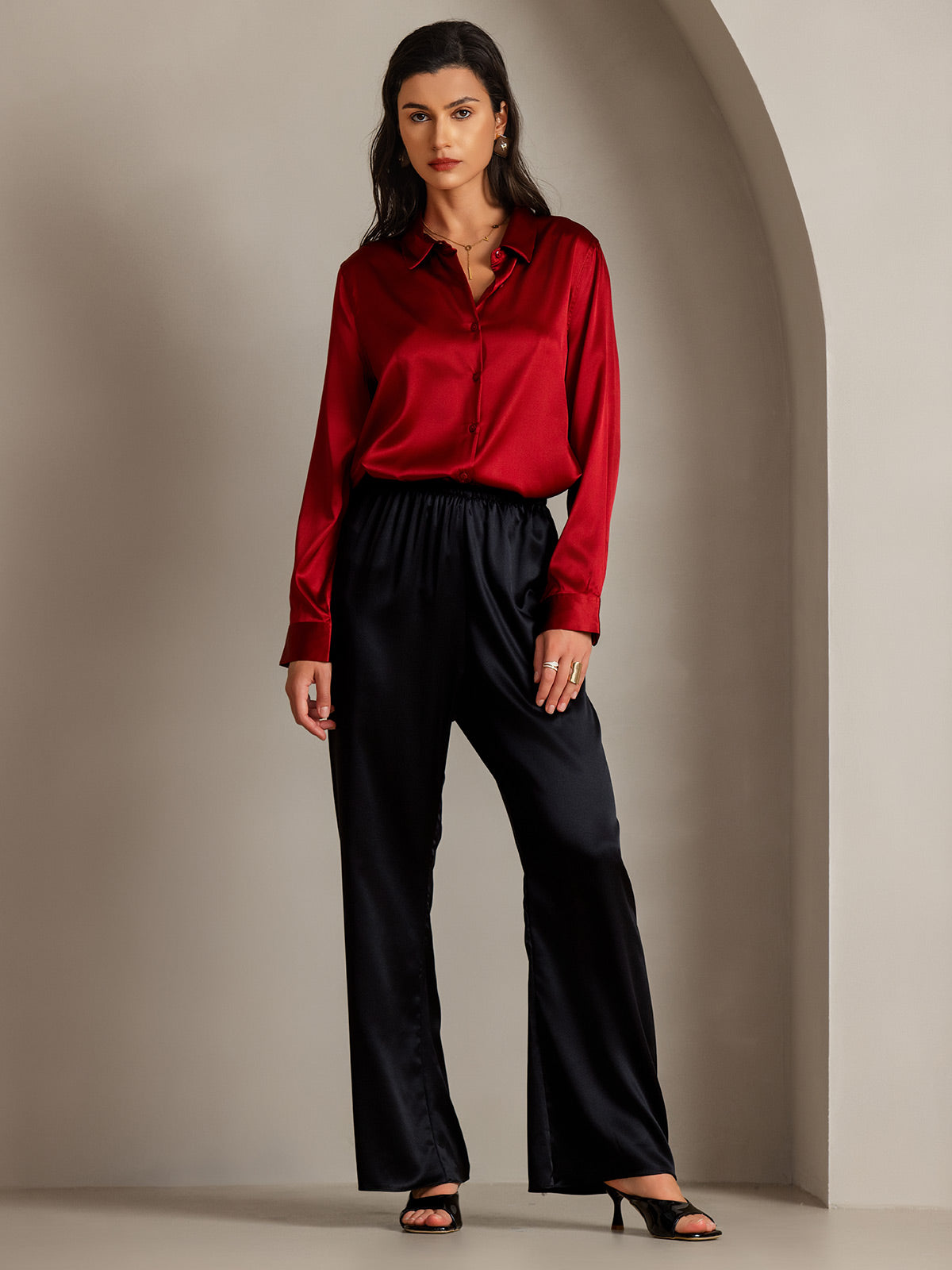 [Rød] SilkSilky-DK Silke Long Sleeve Collar Dameskjorte 003
