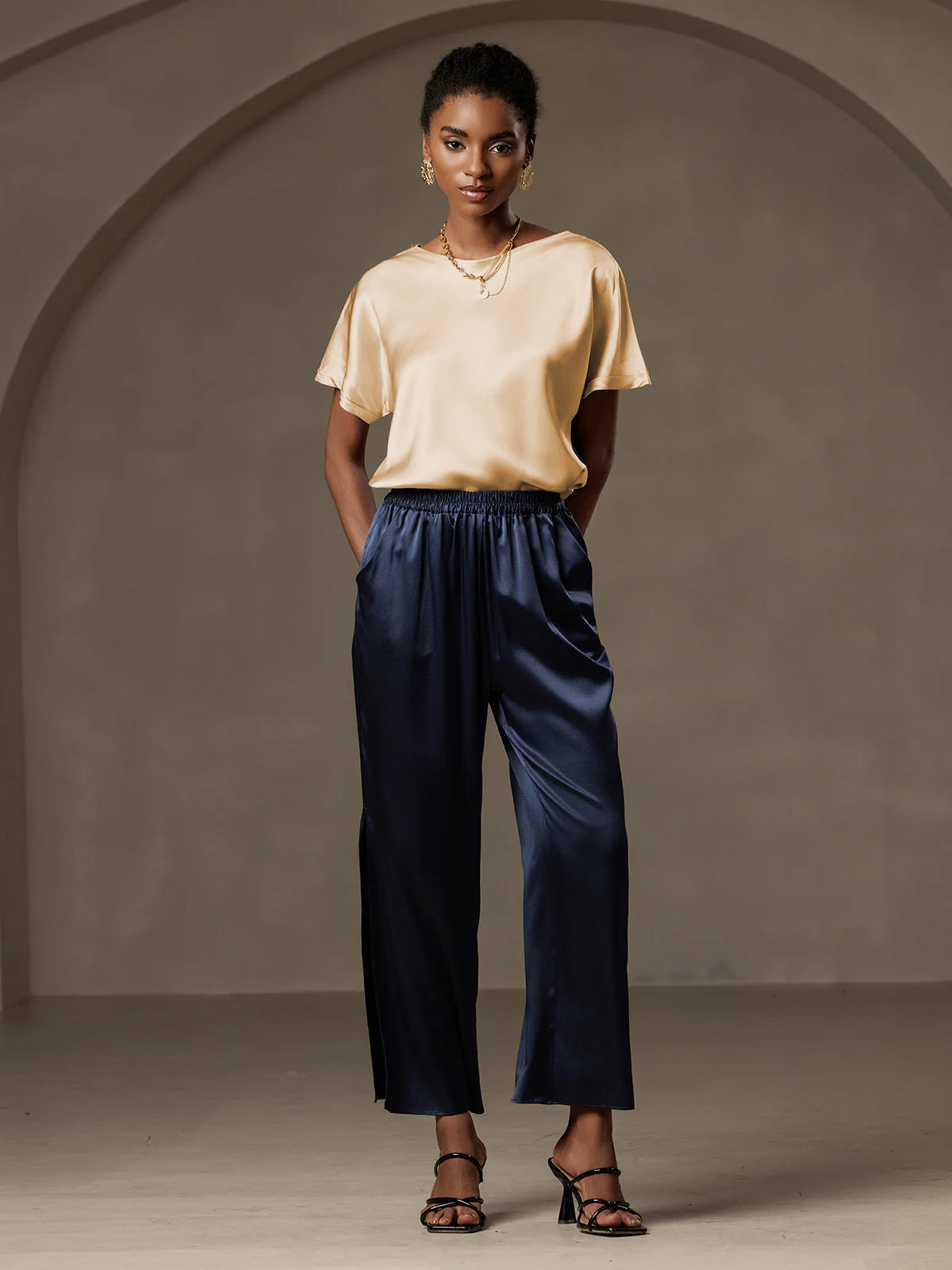 [Champagne] SilkSilky-DK 19Momme Silke Womens T-Shirt 005