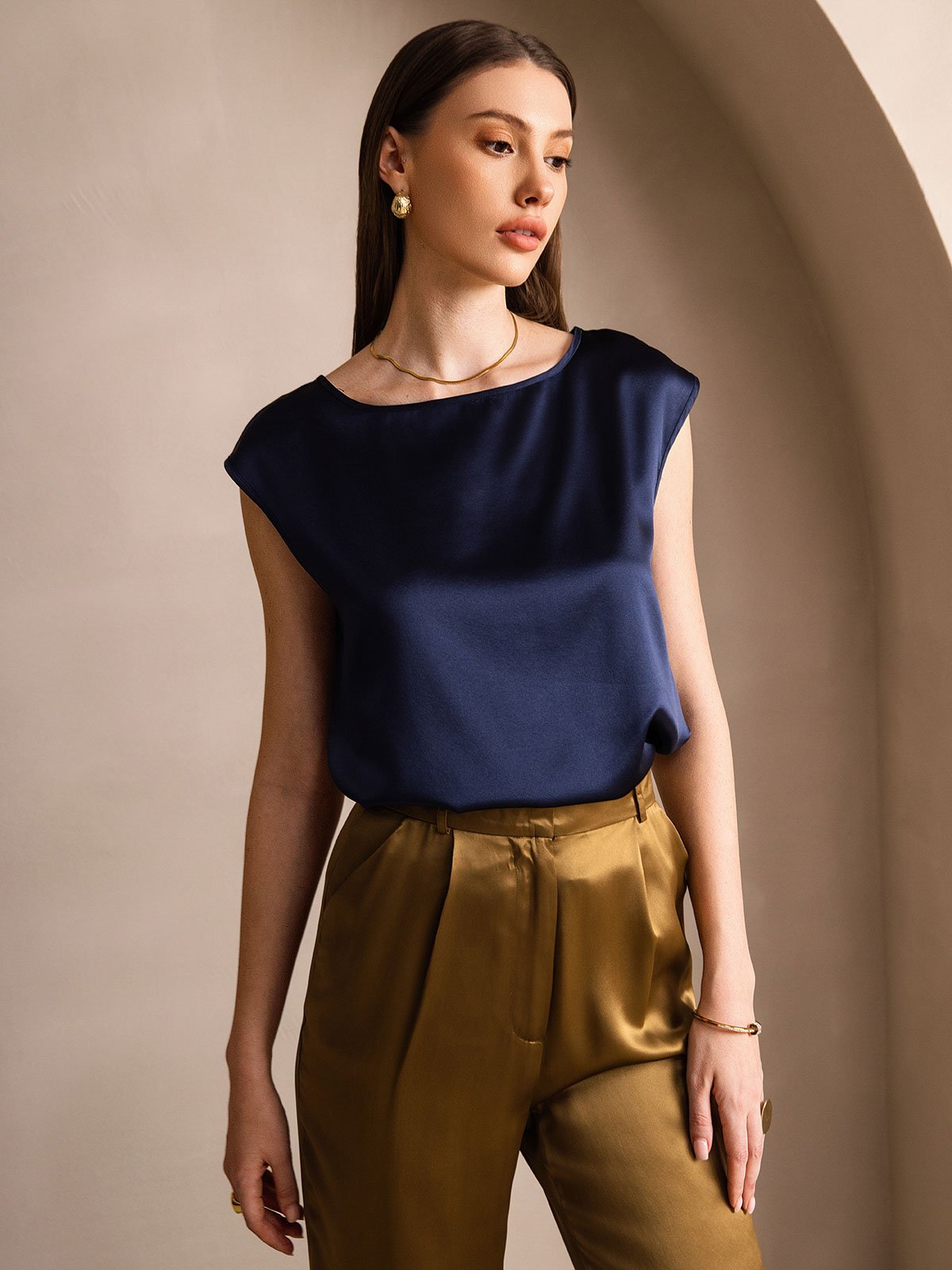 [Mørkeblå] SilkSilky-DK 19Momme Silke Womens T-Shirt 001