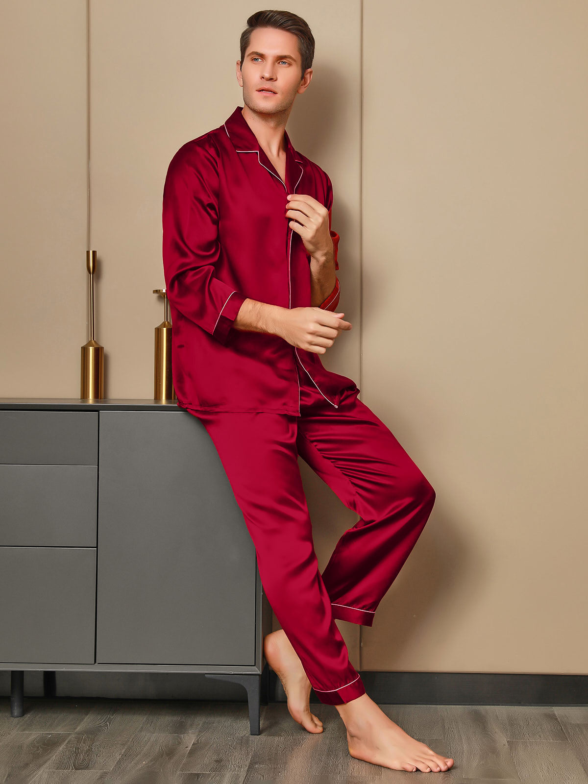 [Rød] SilkSilky-DK 19Momme Mens Pajamas 004