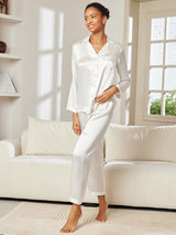 [Hvid] SilkSilky-DK Long Sleeve Lapel Collar Dame Pyjamas 004