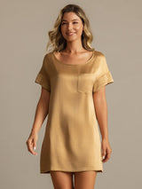 [Tan] SilkSilky-DK 19Momme Kort ærme Rund Hals Natkjole 005