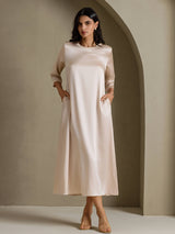 [Beige] SilkSilky-DK 3/4 Sleeve Round Neck Kjole 001