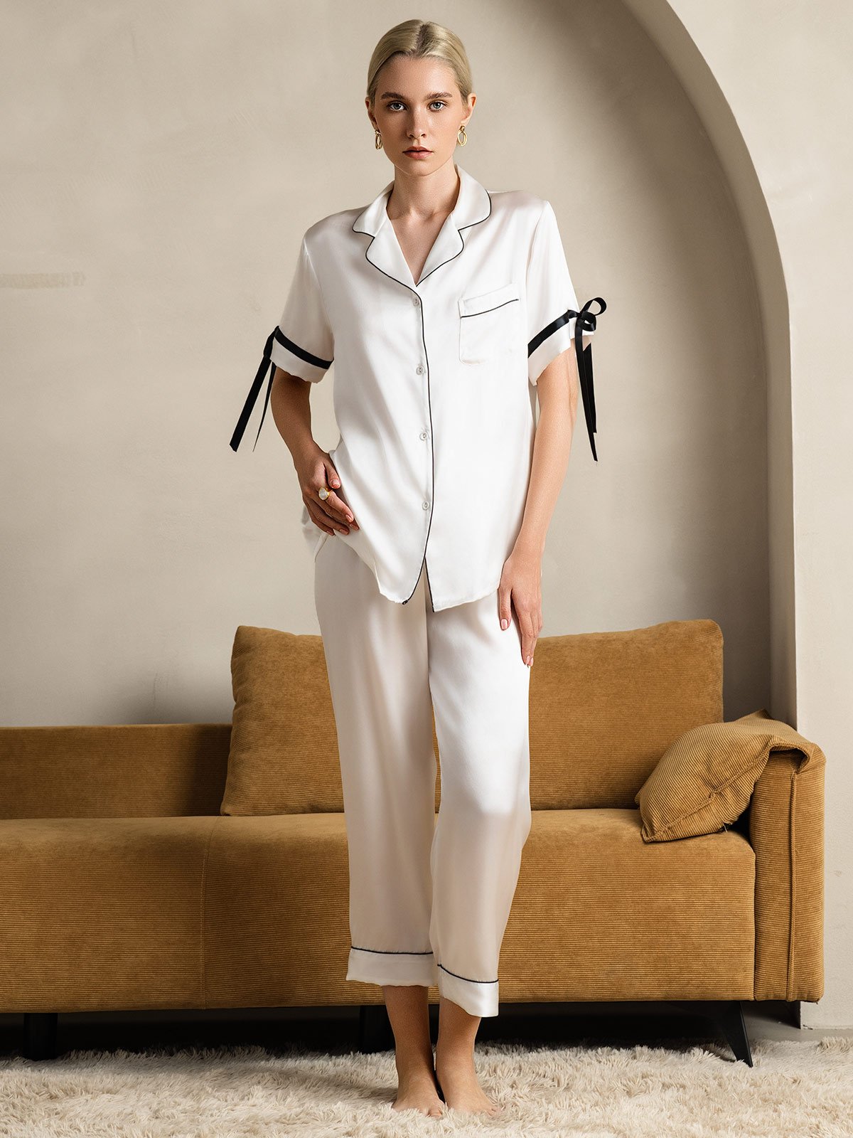 [Hvid] SilkSilky-DK Silke Short Sleeve Revers Dame Pyjamas 003