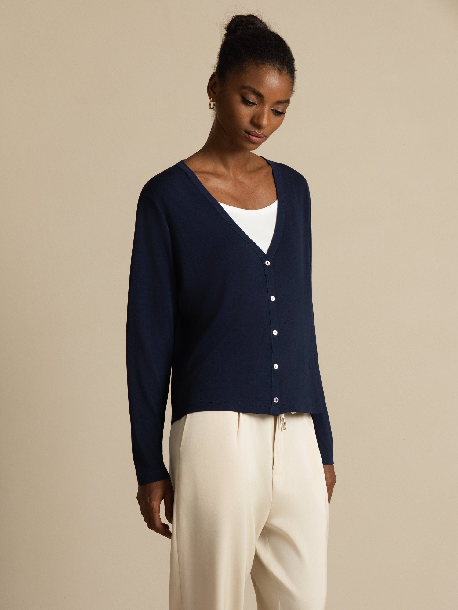 [Mørkeblå] SilkSilky-DK Long Sleeve Dame Cardigan 001