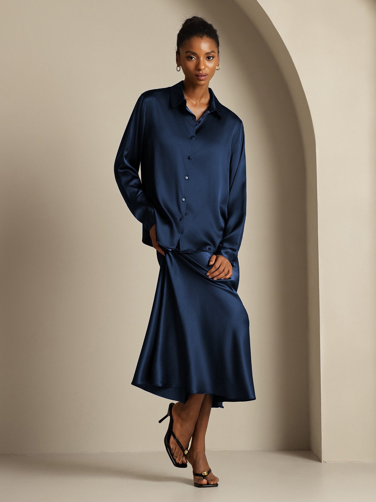 [Mørkeblå] SilkSilky-DK 19Momme Silke Womens Outfit Sets 003,