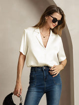 [Elfenben] SilkSilky-DK Short Sleeve Lapel Collar Dameskjorte 006