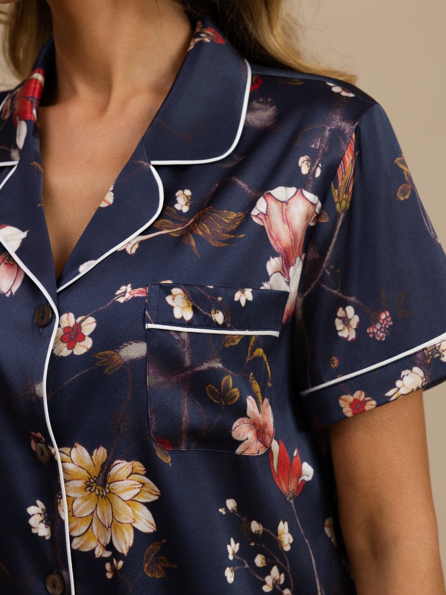 [Marine Blomster] SilkSilky-DK Kort ærme Notchkrage Dame Pyjamas 004