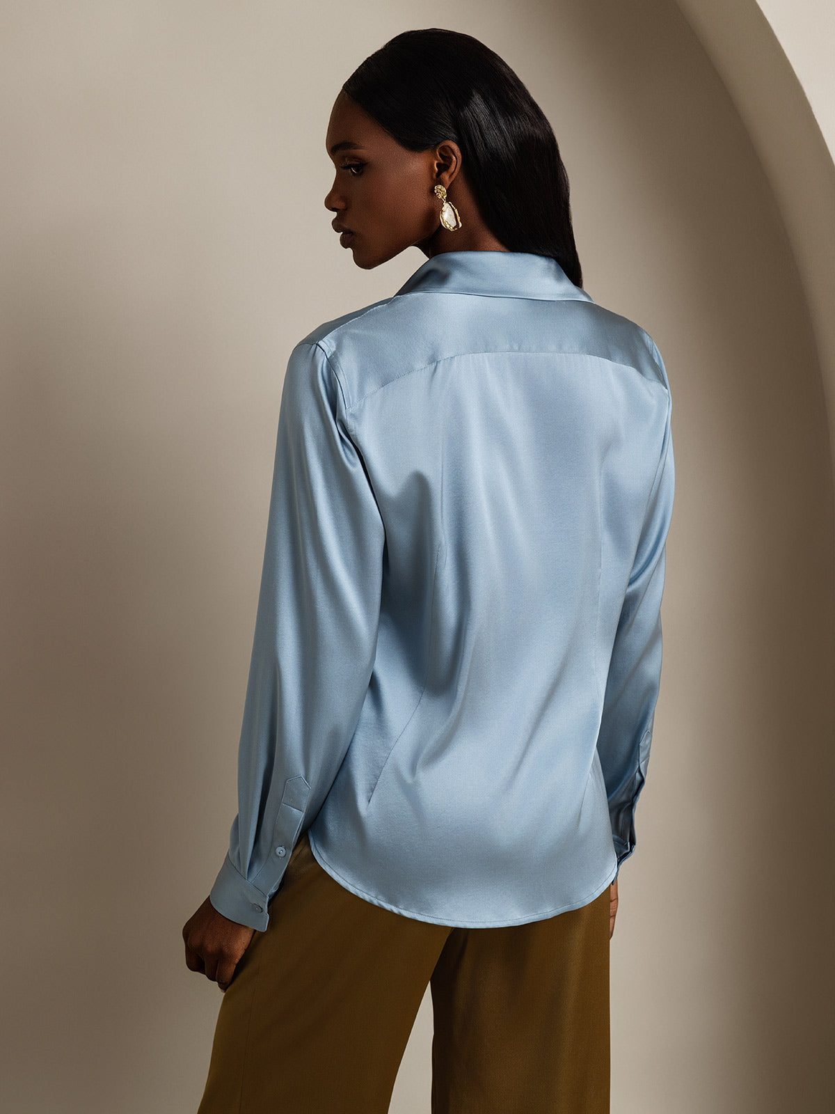 [Gråblå] SilkSilky-DK Silke Long Sleeve Collar Dameskjorte 002
