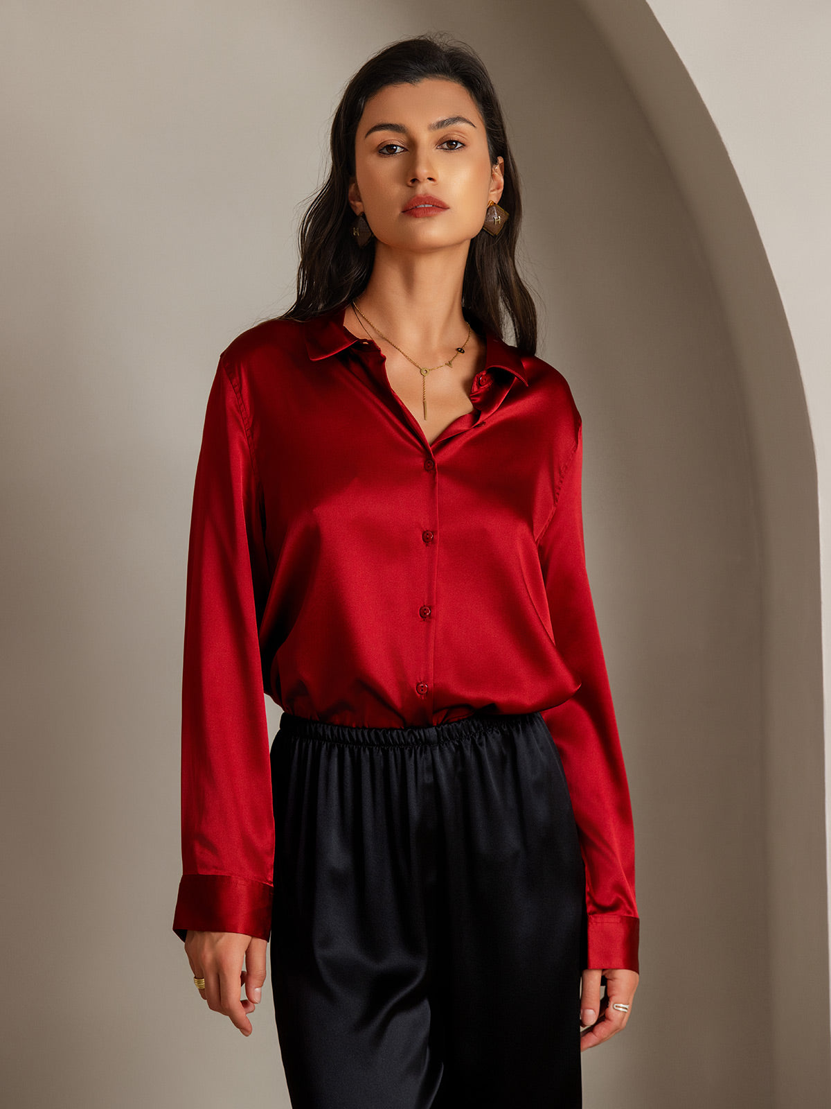 [Rød] SilkSilky-DK Silke Long Sleeve Collar Dameskjorte 001