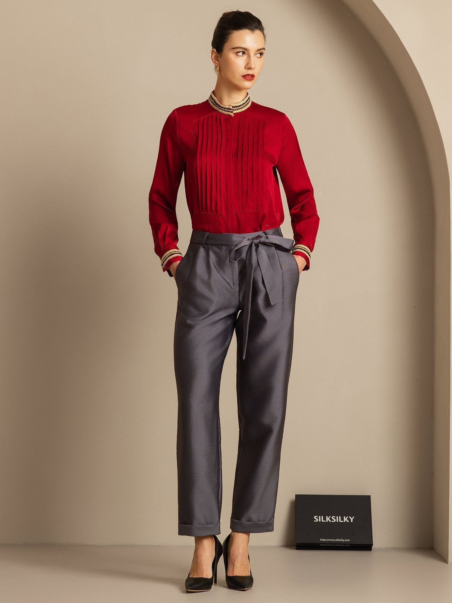 [Grå] SilkSilky-DK 32Momme Silke Womens Pants 008,