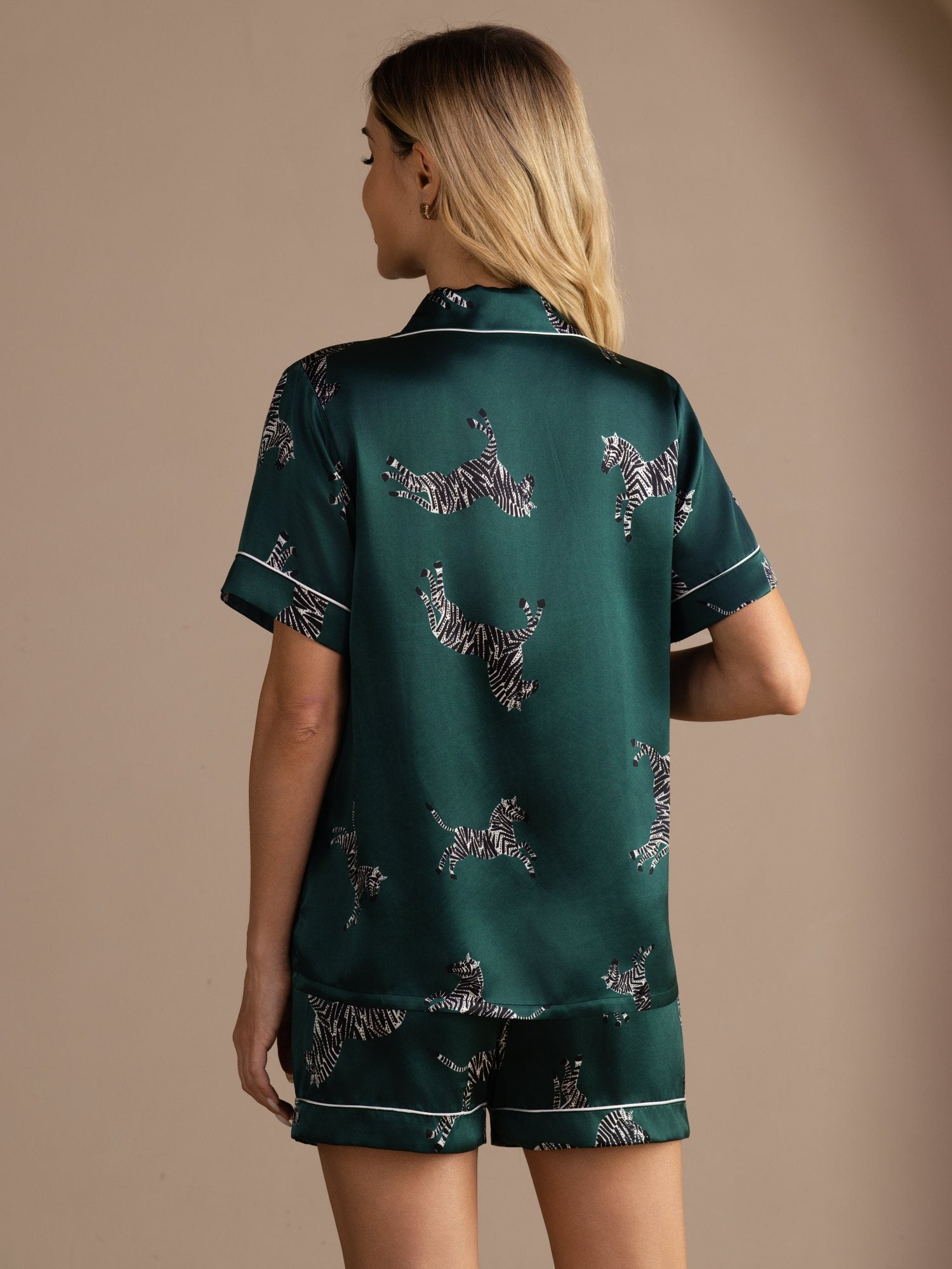 [Smaragd Zebra] SilkSilky-DK Short Sleeve Lapel Collar Dame Pyjamas 002