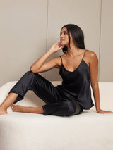 [Sort] SilkSilky-DK Spaghetti Rem V Hals Camisole Sæt 001