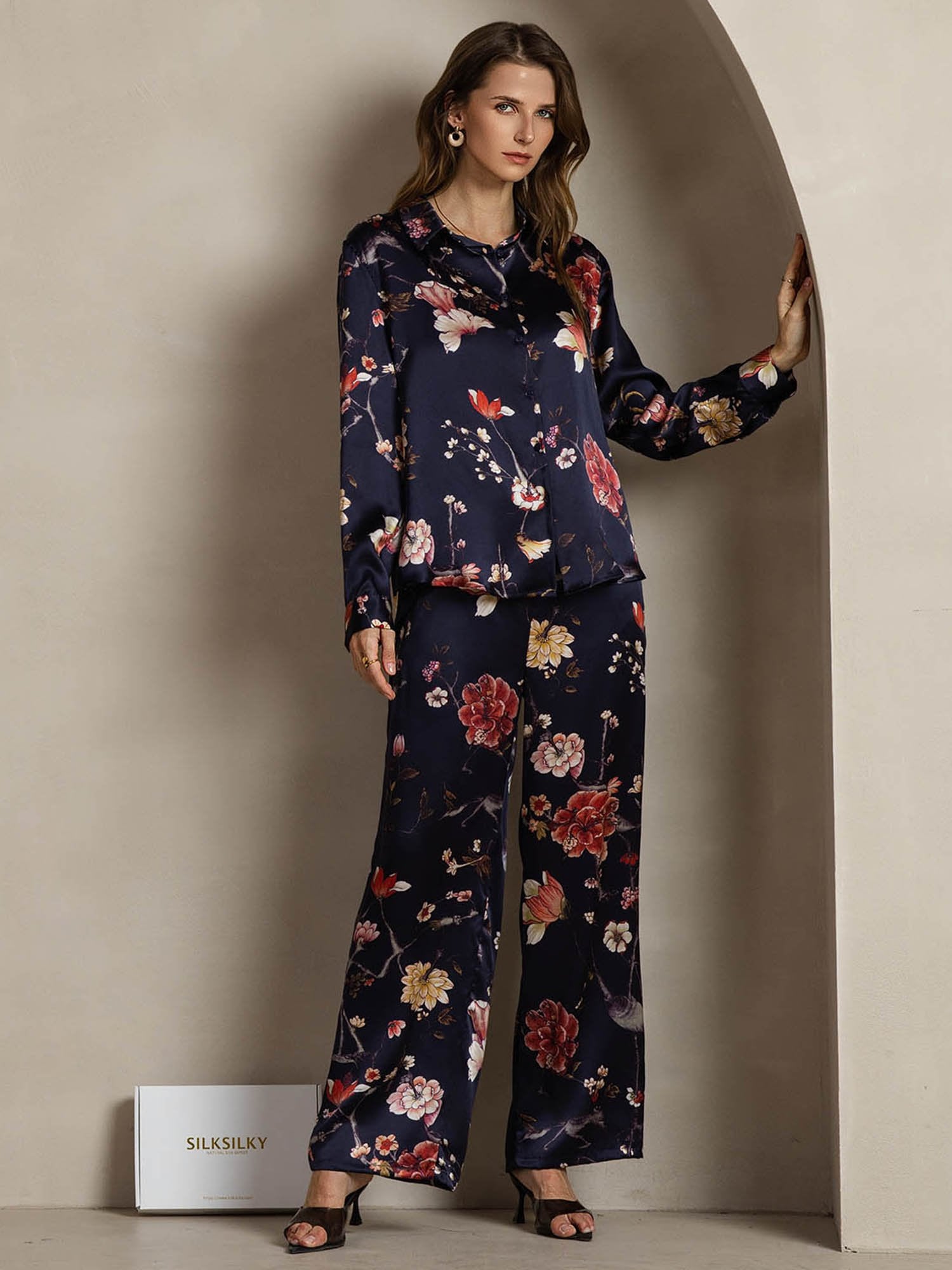 [MarineBlomster] SilkSilky-DK 19Momme Silke Lapel Collar Women''s Outfit Sets 003