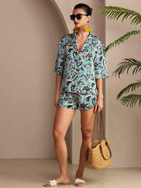 [Teal Botanisk] SilkSilky-DK Short Sleeve Notch Collar Dame Pyjamas 005